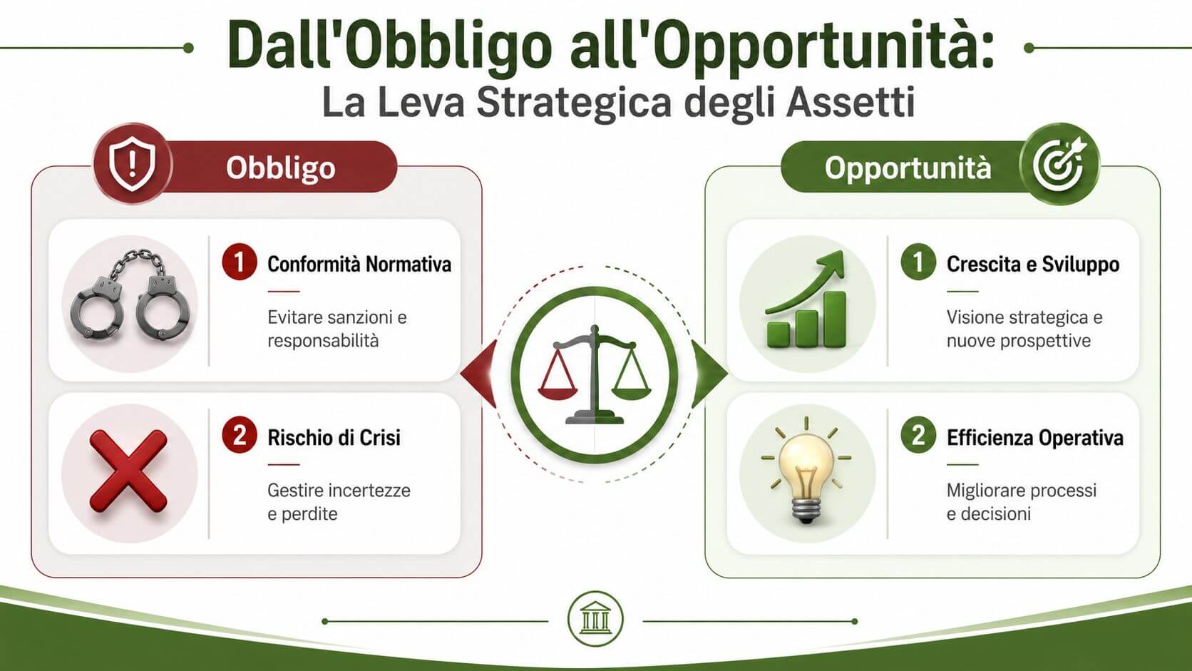 Infografica sul passaggio da obbligo di conformità a opportunità strategica attraverso gli assetti organizzativi aziendali.