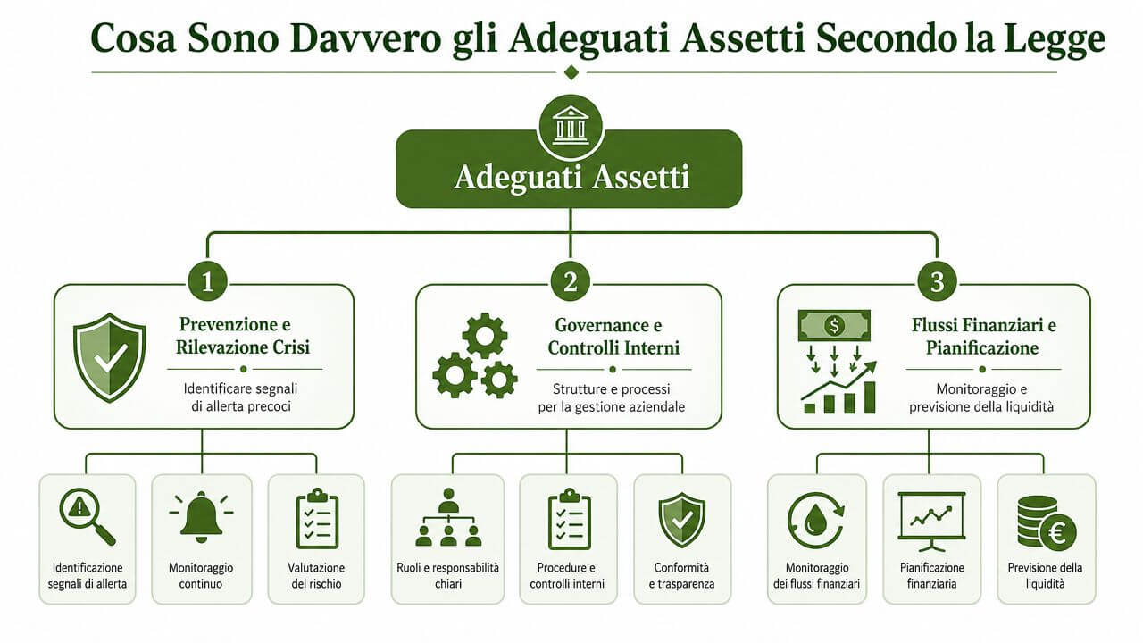 Diagramma esplicativo che illustra i pilastri fondamentali degli adeguati assetti organizzativi, amministrativi e contabili previsti dalla normativa.