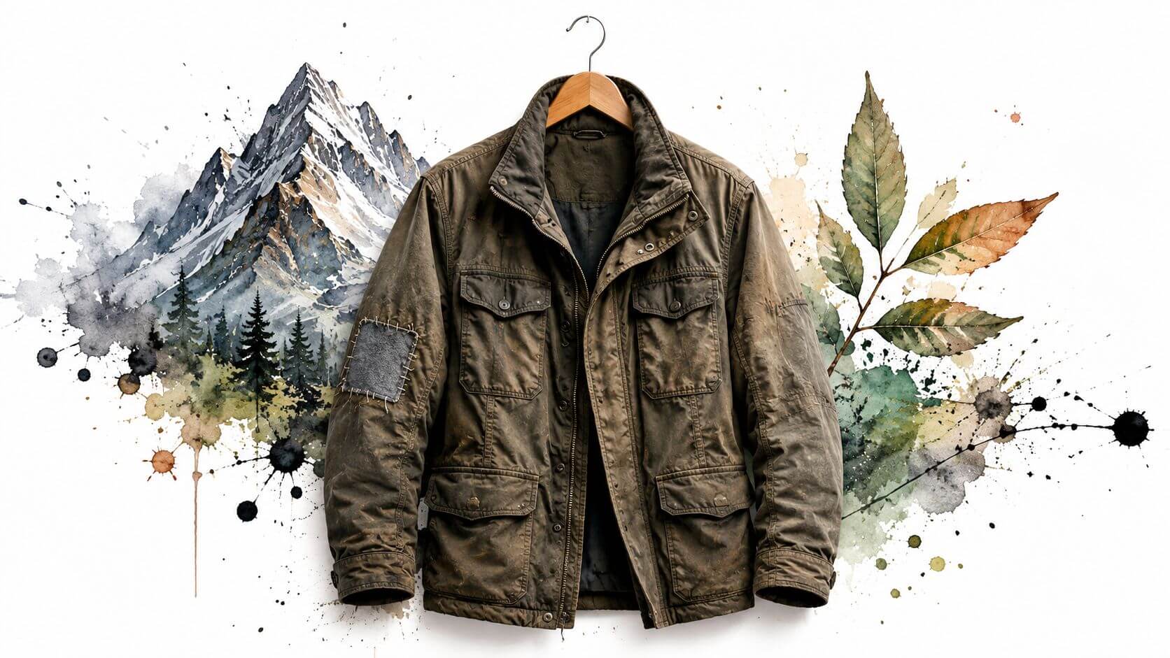 Una giacca da campo marrone in stile vintage appesa davanti a un'illustrazione artistica di montagne e foglie.