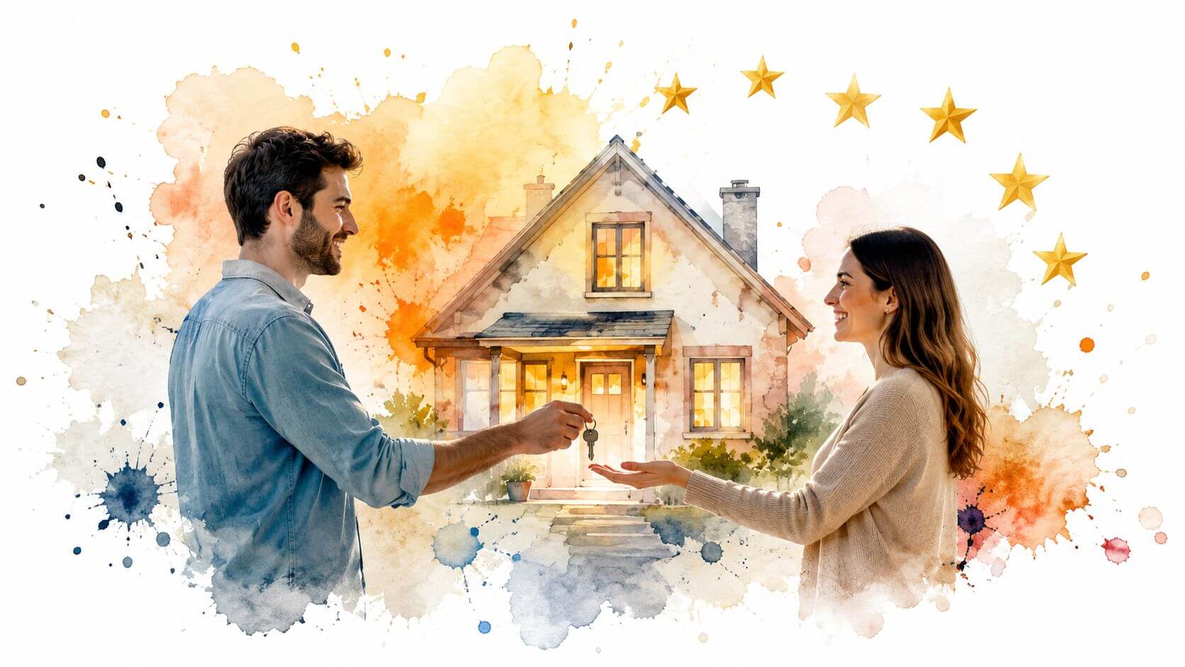 Una coppia sorridente che scambia le chiavi di una nuova casa su uno sfondo artistico ad acquerello