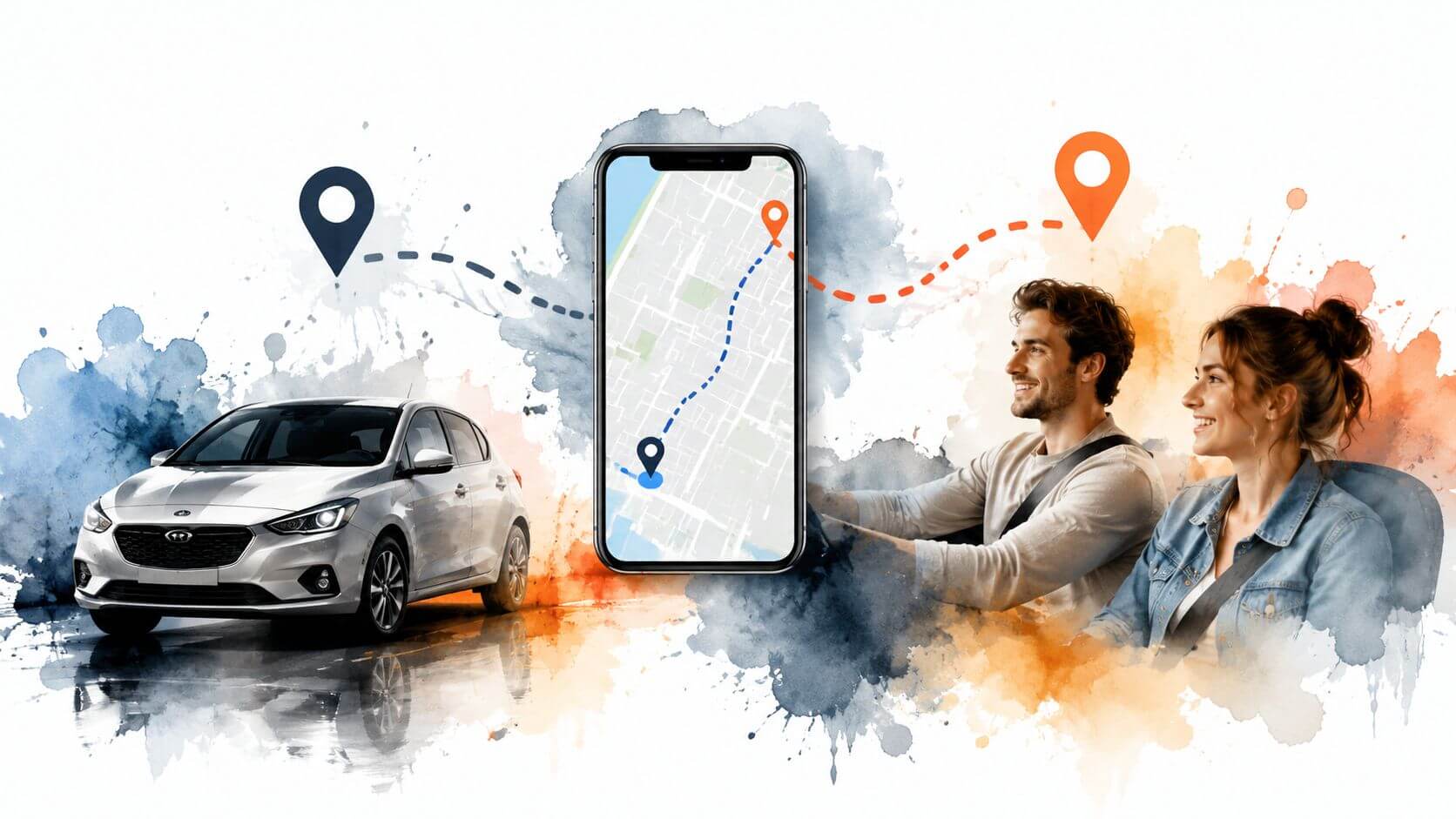 Una coppia sorridente in auto con uno smartphone che mostra un percorso di navigazione sulla mappa