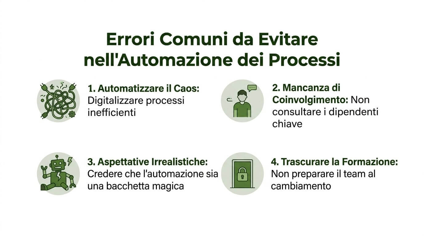 Grafico informativo che illustra quattro errori comuni da evitare durante l'automazione dei processi aziendali in azienda.