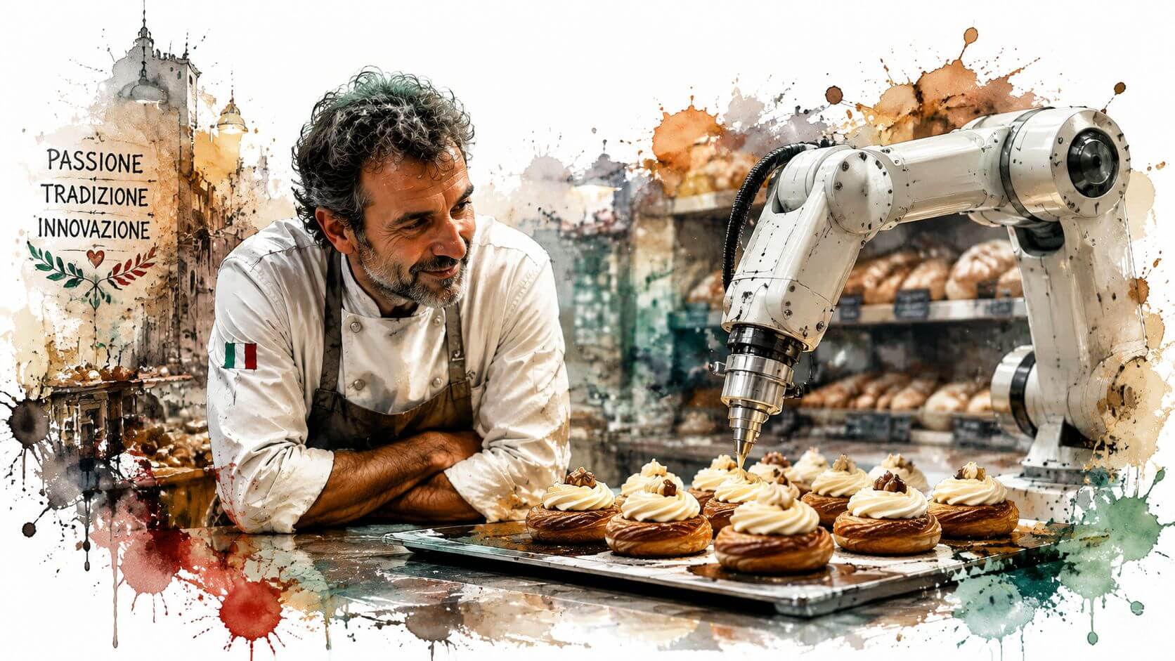 Un pasticciere italiano guarda un braccio robotico che decora con precisione dei dolci artigianali in una pasticceria.