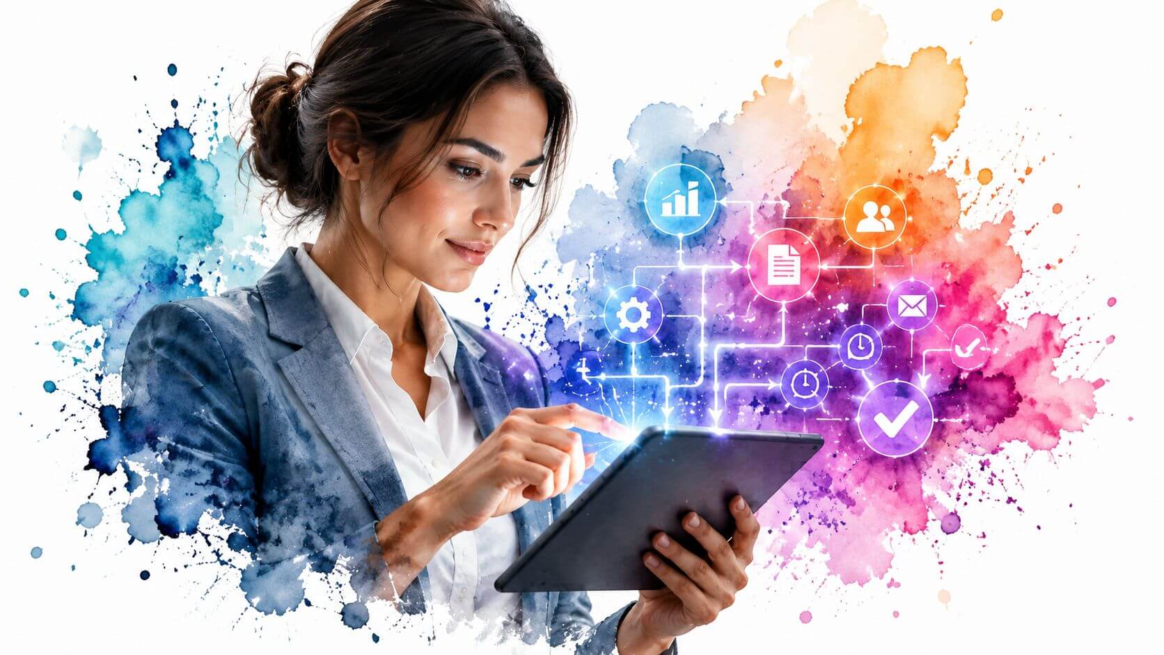Una donna d'affari che utilizza un tablet digitale per gestire l'ottimizzazione dei processi aziendali e i flussi lavorativi.