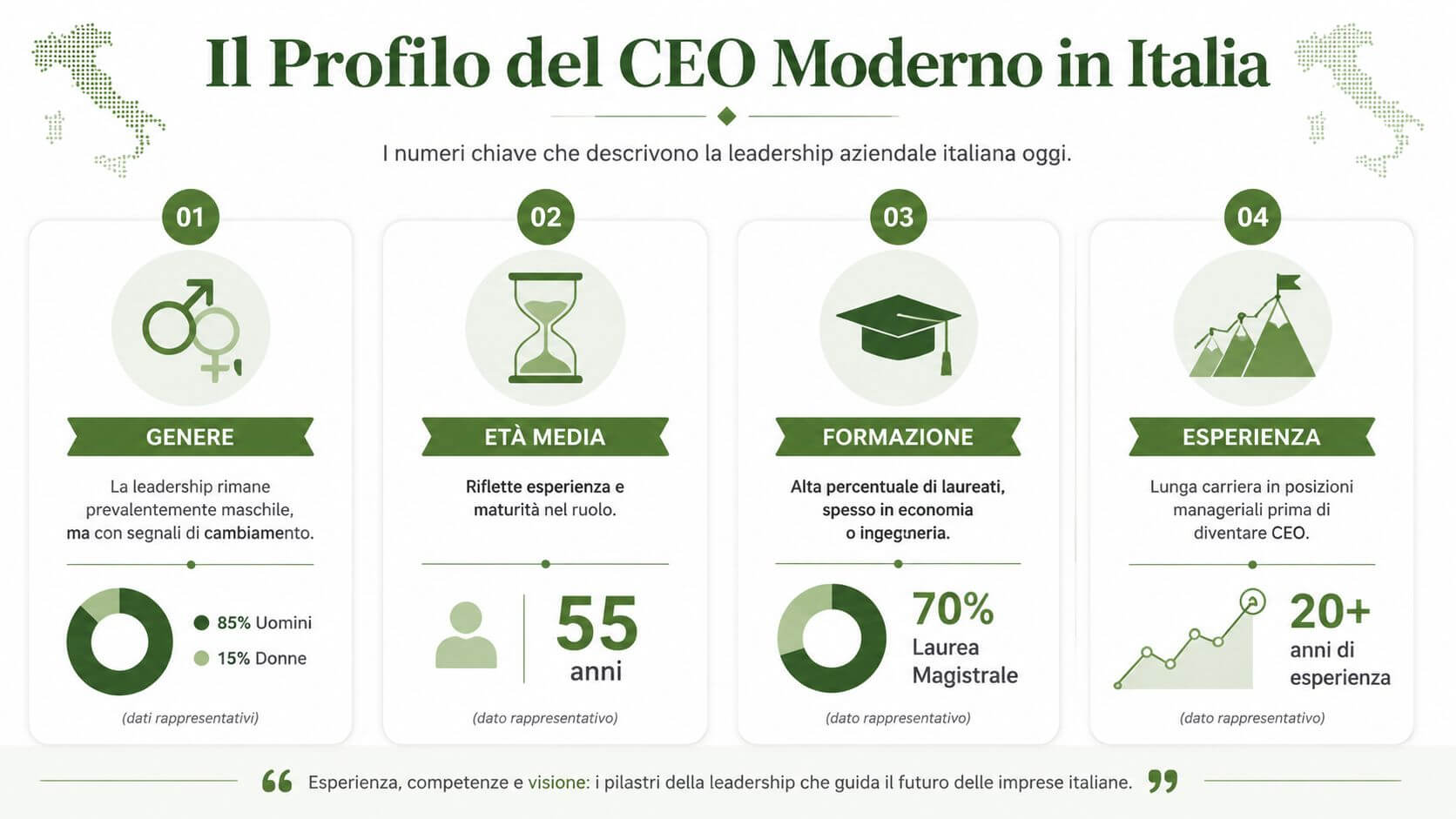 Infografica sul profilo professionale e le caratteristiche del moderno CEO nelle aziende italiane.