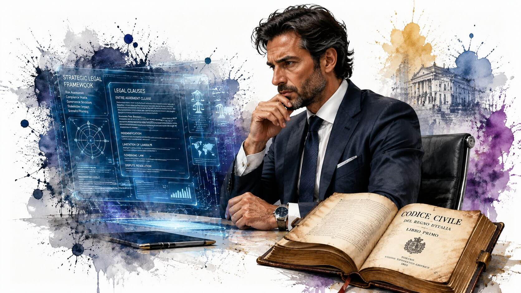 Un avvocato o dirigente in giacca e cravatta analizza dati legali digitali e un antico codice civile.