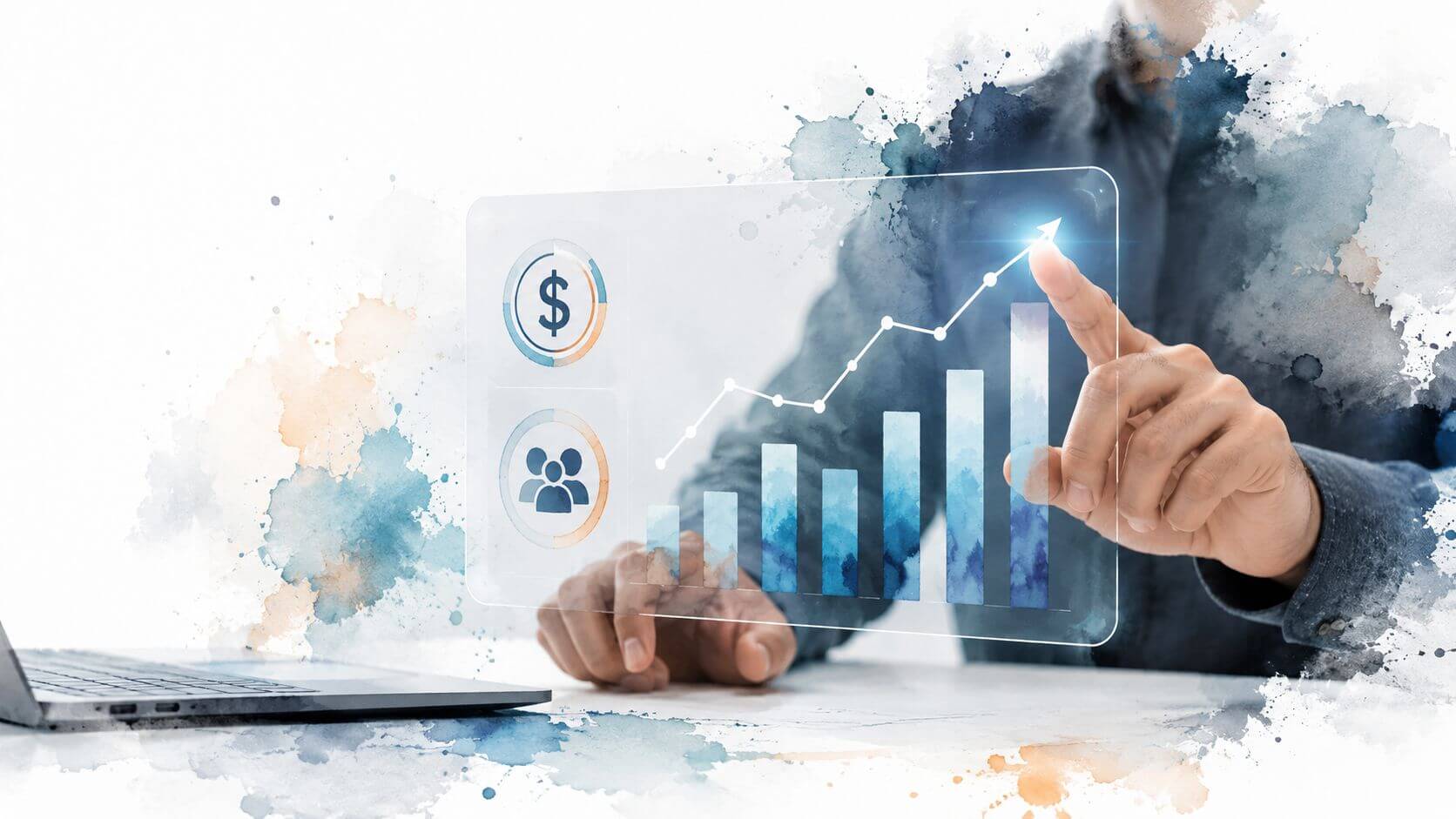 Un amministratore delegato analizza grafici di crescita finanziaria e performance aziendale su uno schermo digitale interattivo.