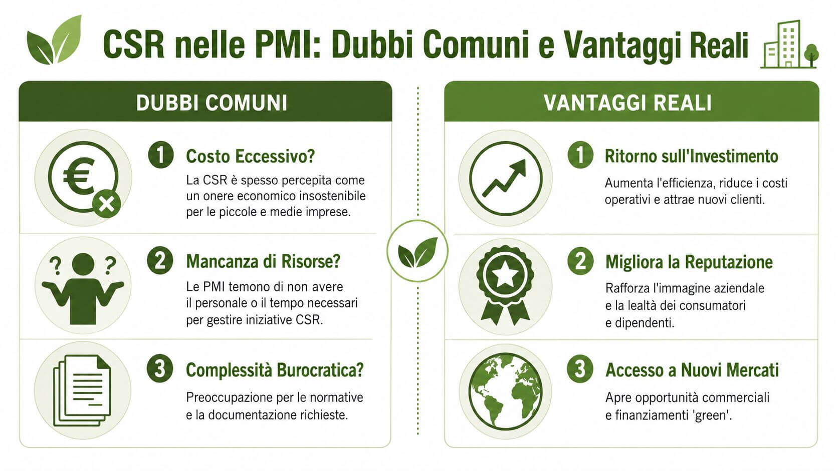 Infografica che confronta dubbi comuni e vantaggi reali dell'implementazione della responsabilità sociale d'impresa nelle piccole e medie imprese.