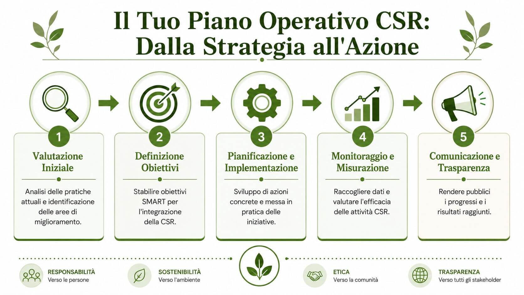 Un diagramma a cinque fasi che illustra il piano operativo per implementare la responsabilità sociale d'impresa aziendale.