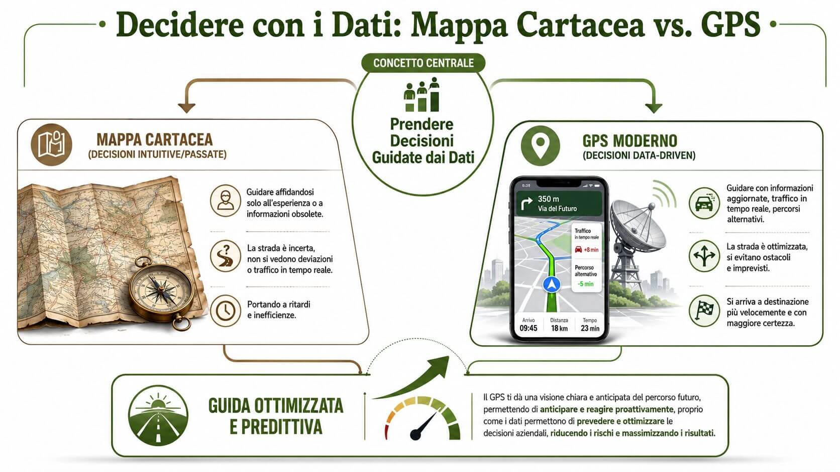 Confronto grafico tra l'uso di mappe cartacee obsolete e l'efficacia delle moderne tecnologie GPS guidate dai dati.