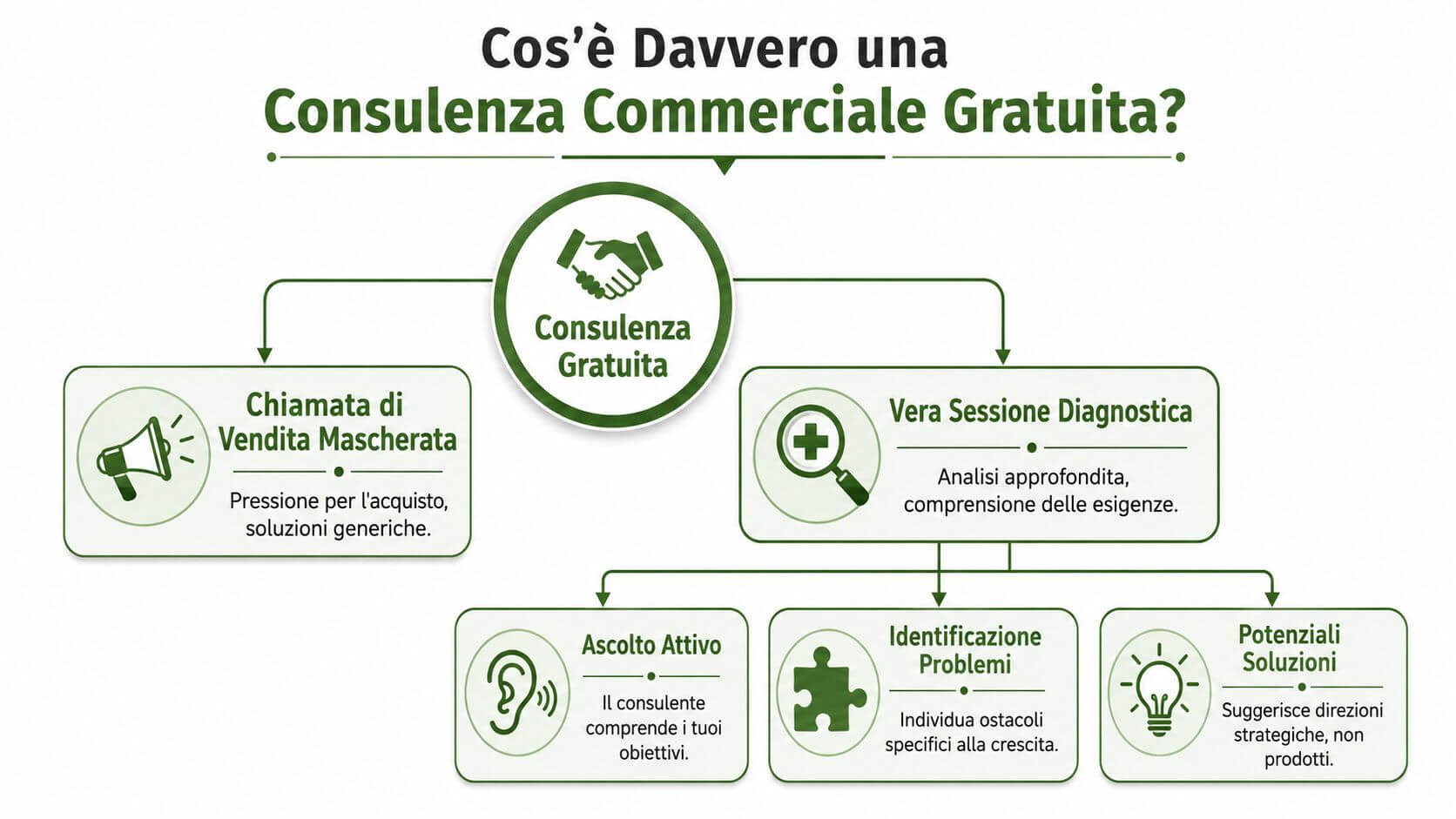 Diagramma che confronta una chiamata di vendita mascherata con una vera sessione diagnostica di consulenza commerciale gratuita.