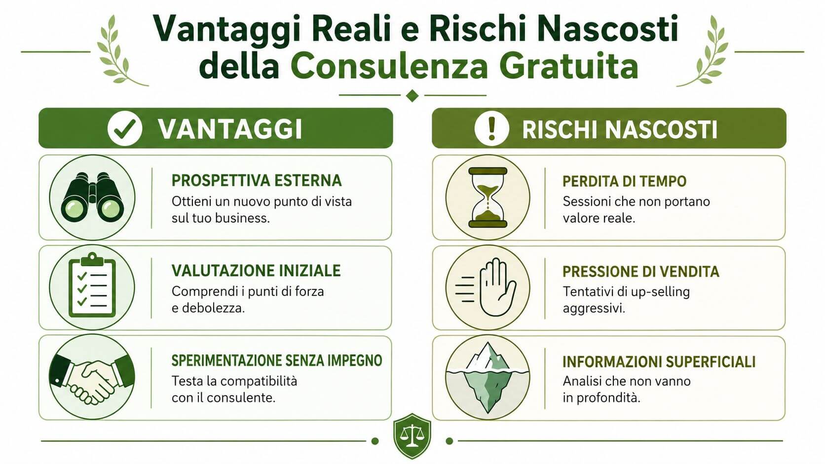 Infografica che illustra i vantaggi e i potenziali rischi nascosti associati alla consulenza commerciale gratuita.