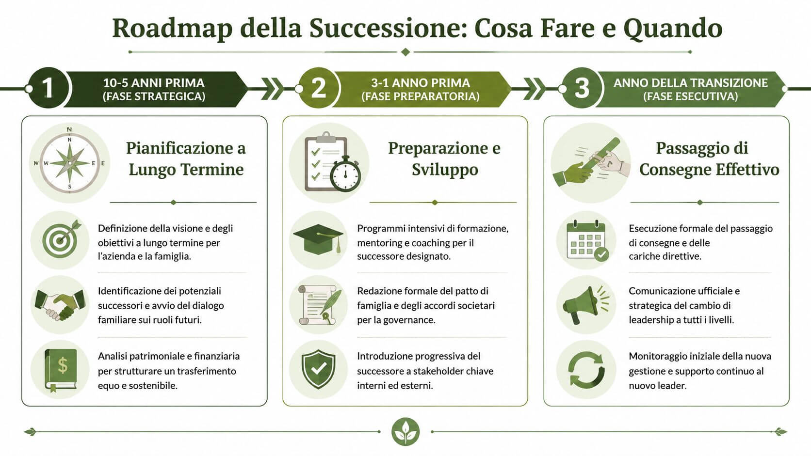 Una roadmap che illustra le fasi strategiche per pianificare con successo il passaggio generazionale in azienda.