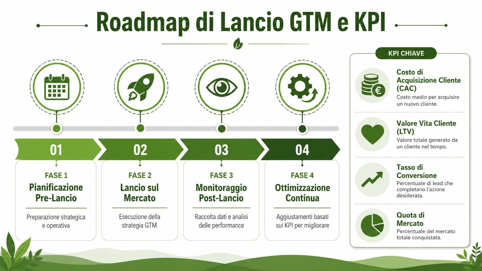 Infografica che mostra una roadmap di lancio go-to-market in quattro fasi con i principali KPI strategici aziendali.