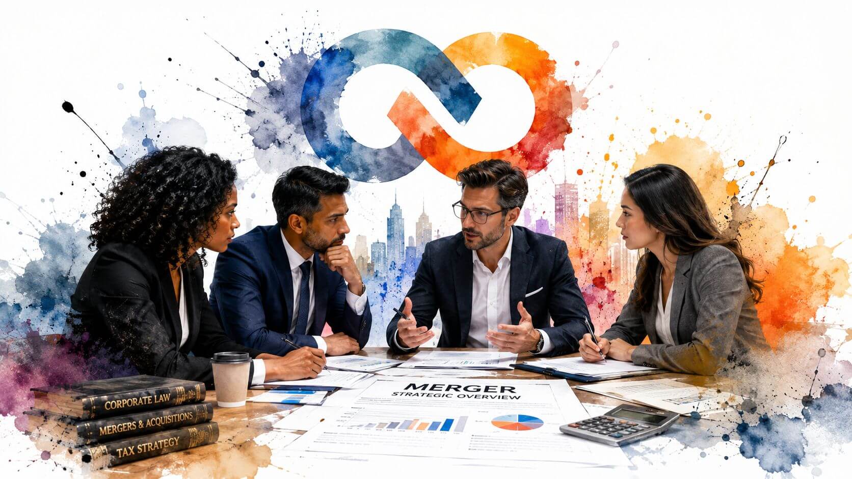 Un gruppo di professionisti esperti discute una strategia di fusione aziendale intorno a un tavolo in ufficio.