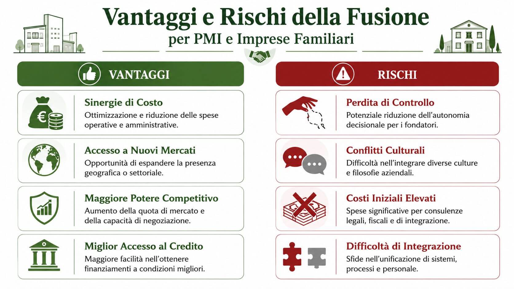 Infografica che illustra i principali vantaggi e rischi associati alla fusione aziendale per PMI e imprese familiari.