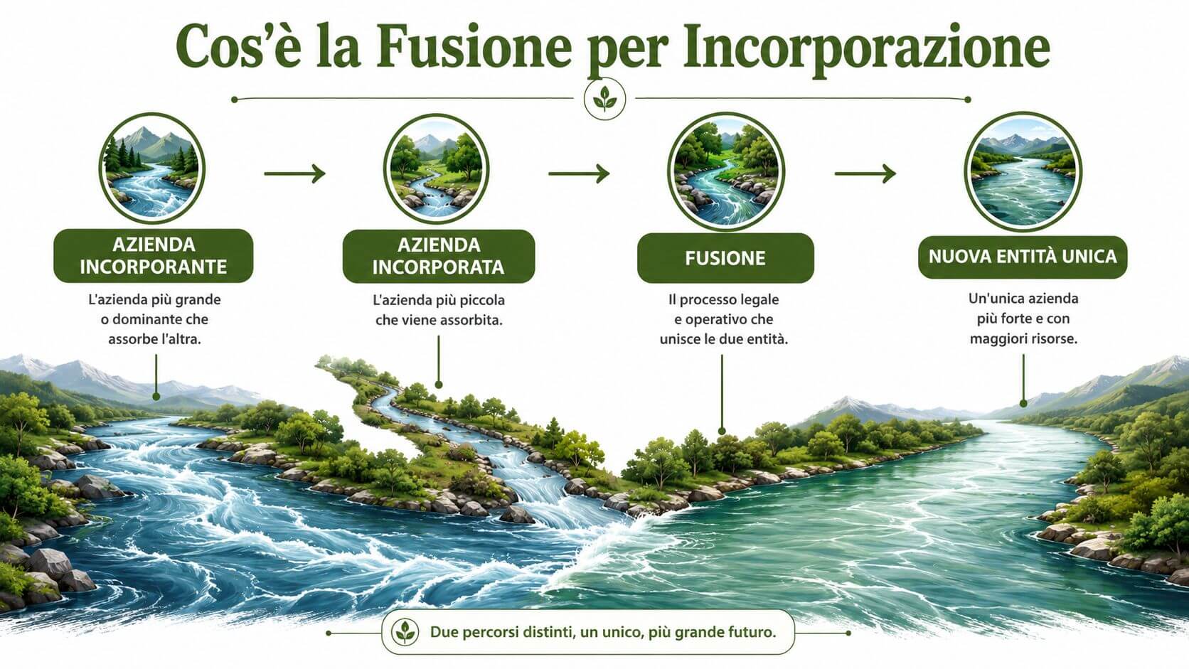 Infografica illustrata che spiega il processo di fusione per incorporazione tra due aziende utilizzando metafore fluviali.