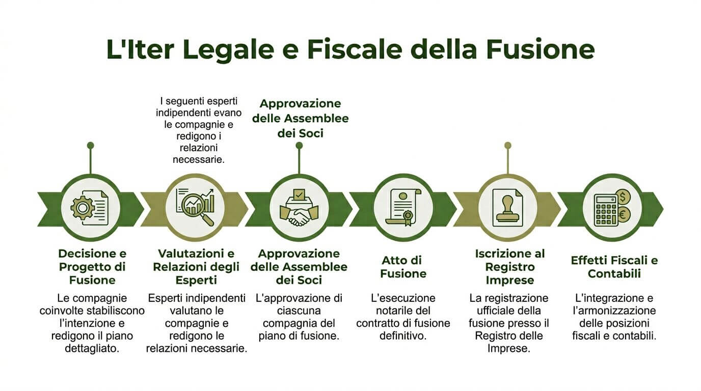 Schema grafico che illustra le fasi legali e fiscali necessarie per il processo di fusione aziendale.