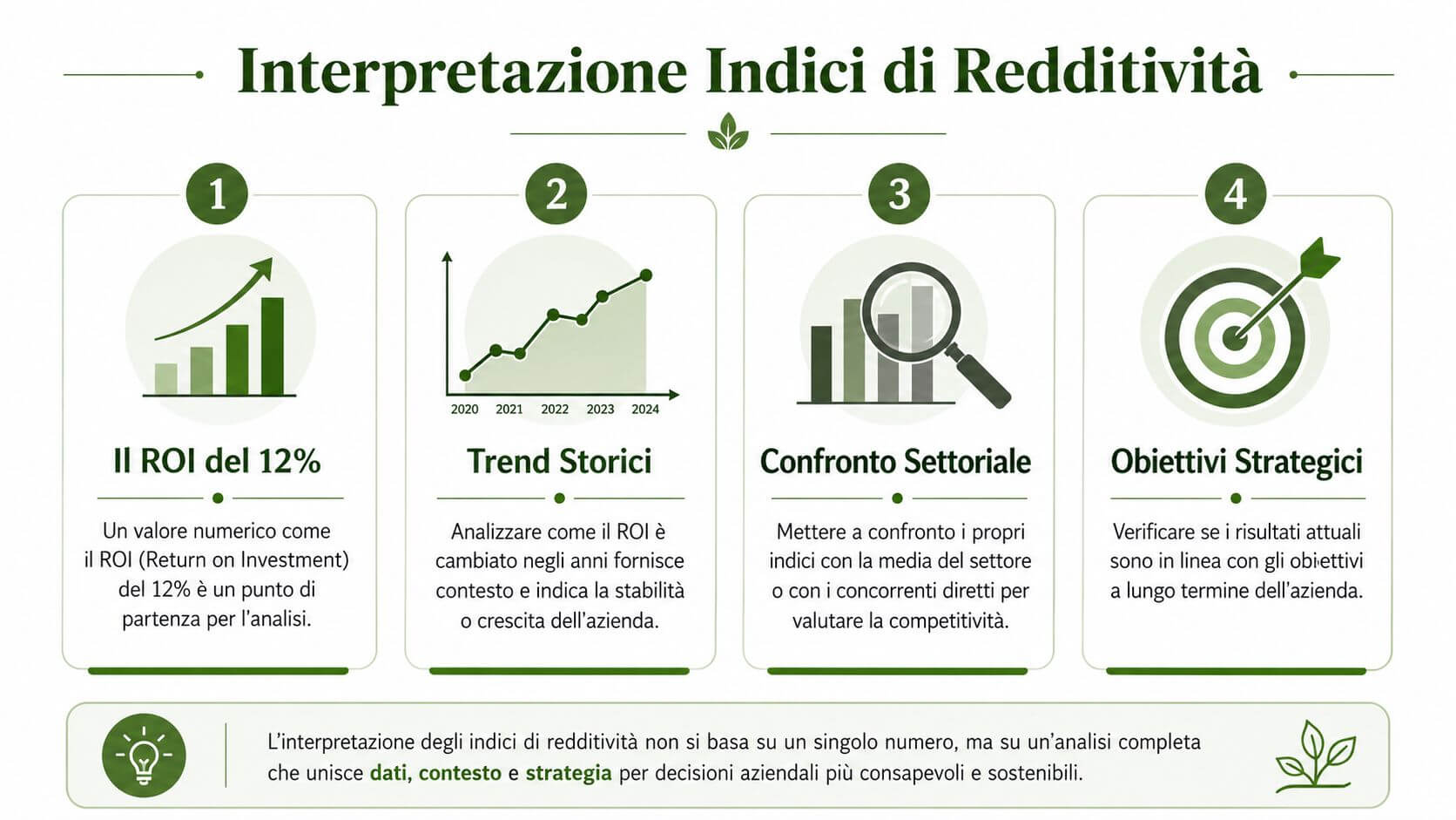 Infografica che spiega come interpretare gli indici di redditività aziendale attraverso quattro passaggi chiave e un'analisi completa.