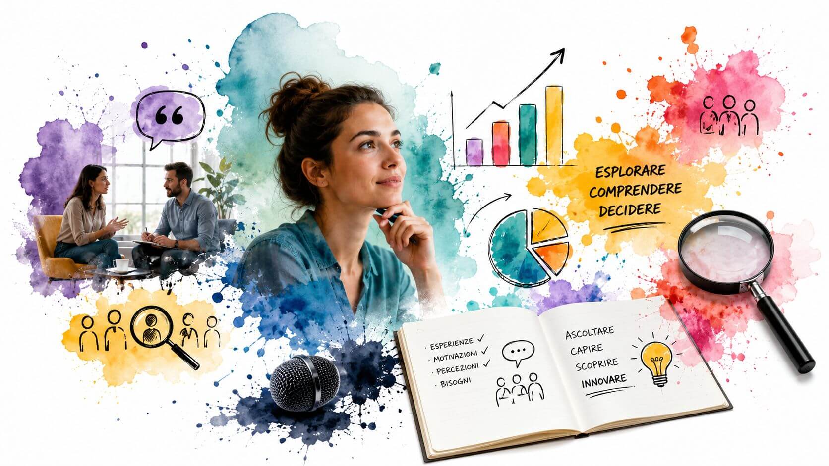 Illustrazione concettuale che integra una donna pensante, grafici statistici, icone e un taccuino sulla ricerca di mercato.