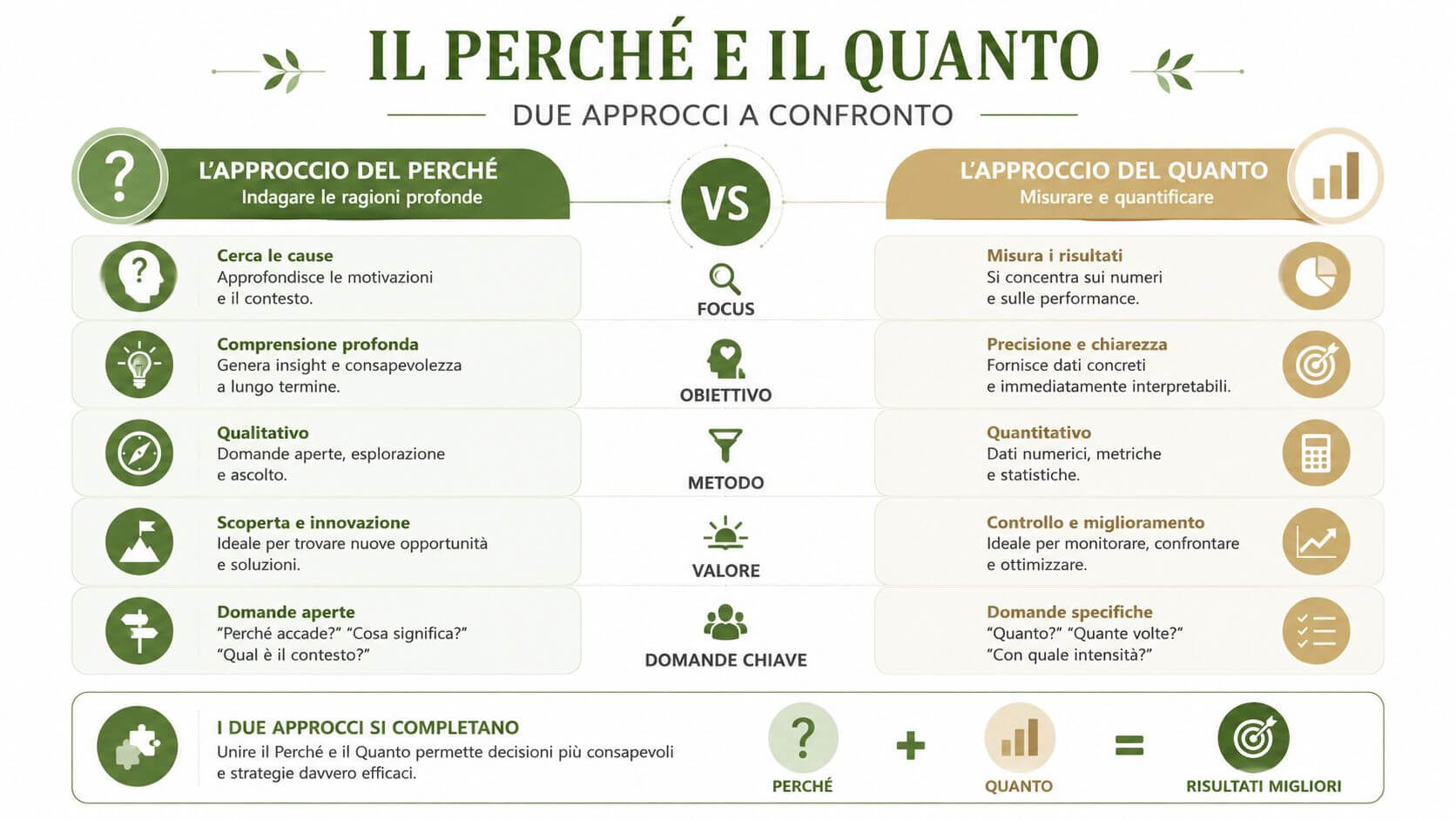 Infografica che confronta l'approccio del 'Perché' e del 'Quanto' per una strategia decisionale completa e consapevole.