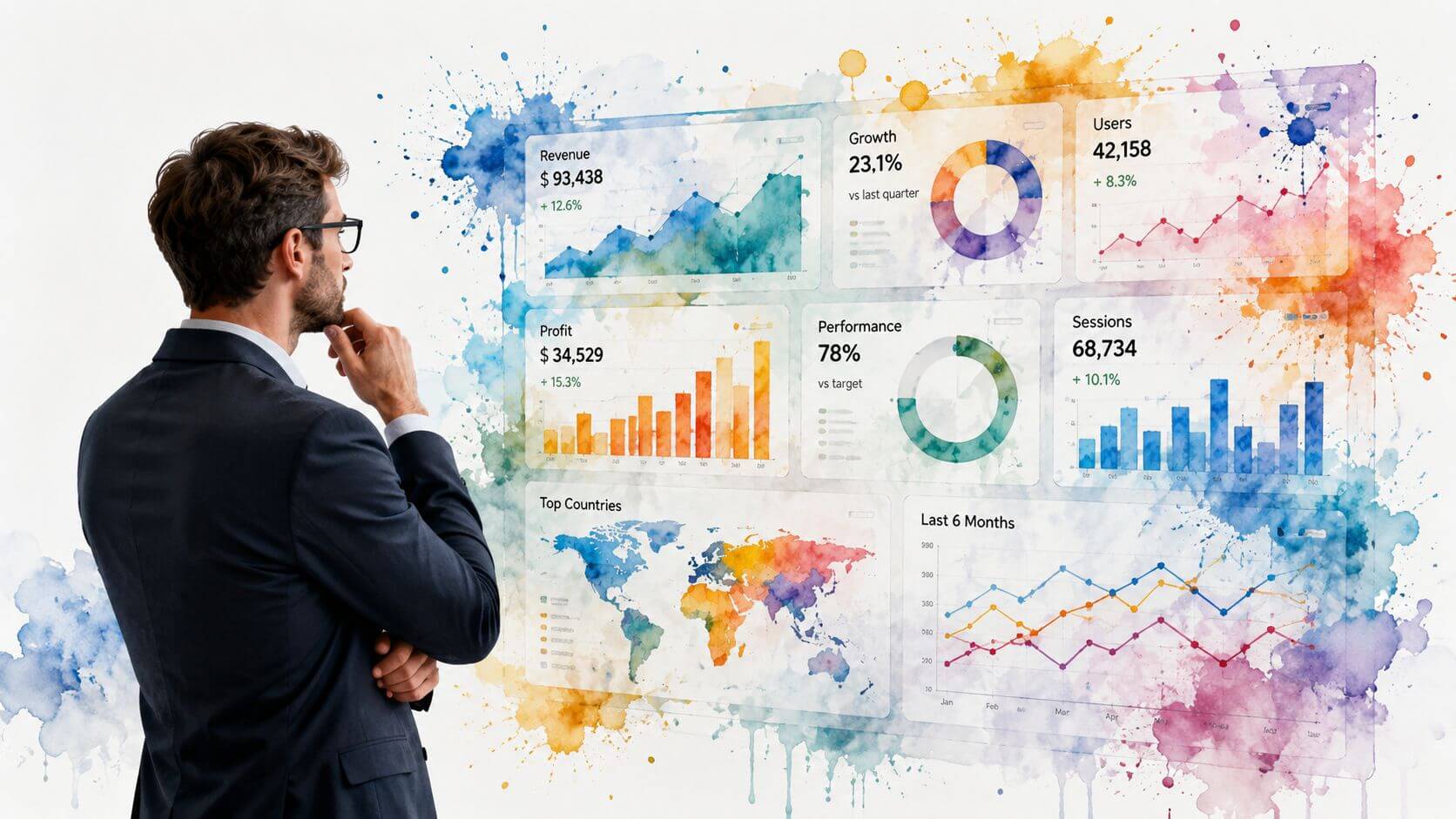 Un professionista in giacca e cravatta osserva con attenzione un pannello digitale con grafici colorati e complessi.