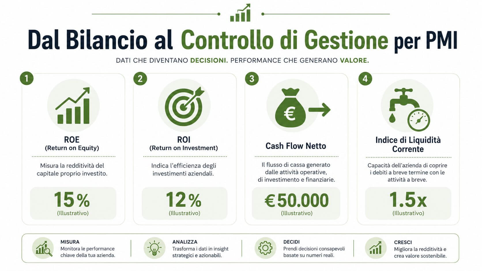Infografica sul controllo di gestione per PMI che mostra indici finanziari come ROE, ROI, Cash Flow e liquidità.