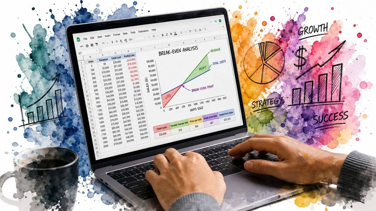 Una persona che lavora su un computer portatile con un grafico di analisi del punto di pareggio