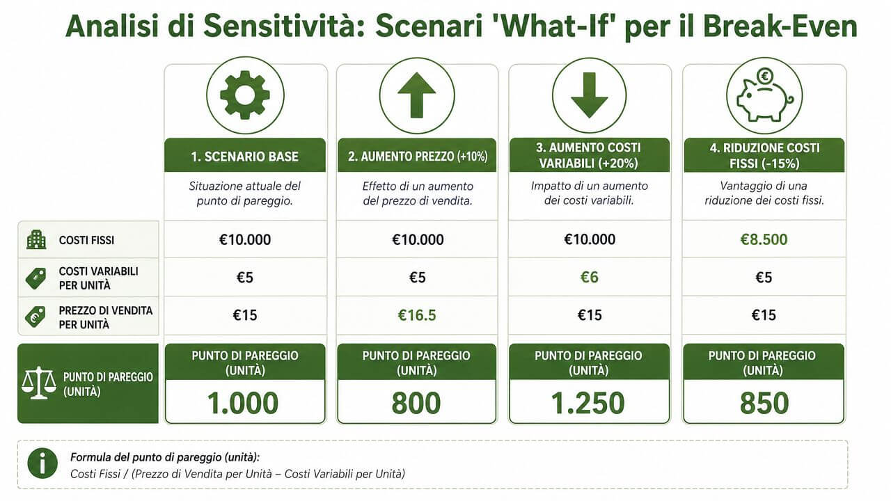 Analisi di sensitività che illustra quattro scenari what-if per il calcolo del punto di pareggio aziendale.