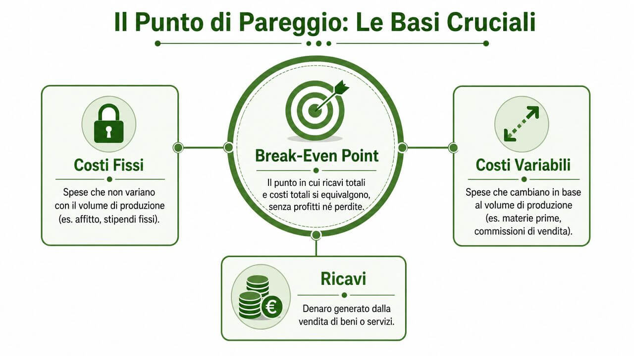 Infografica sul punto di pareggio che spiega costi fissi, costi variabili e ricavi in modo semplice.
