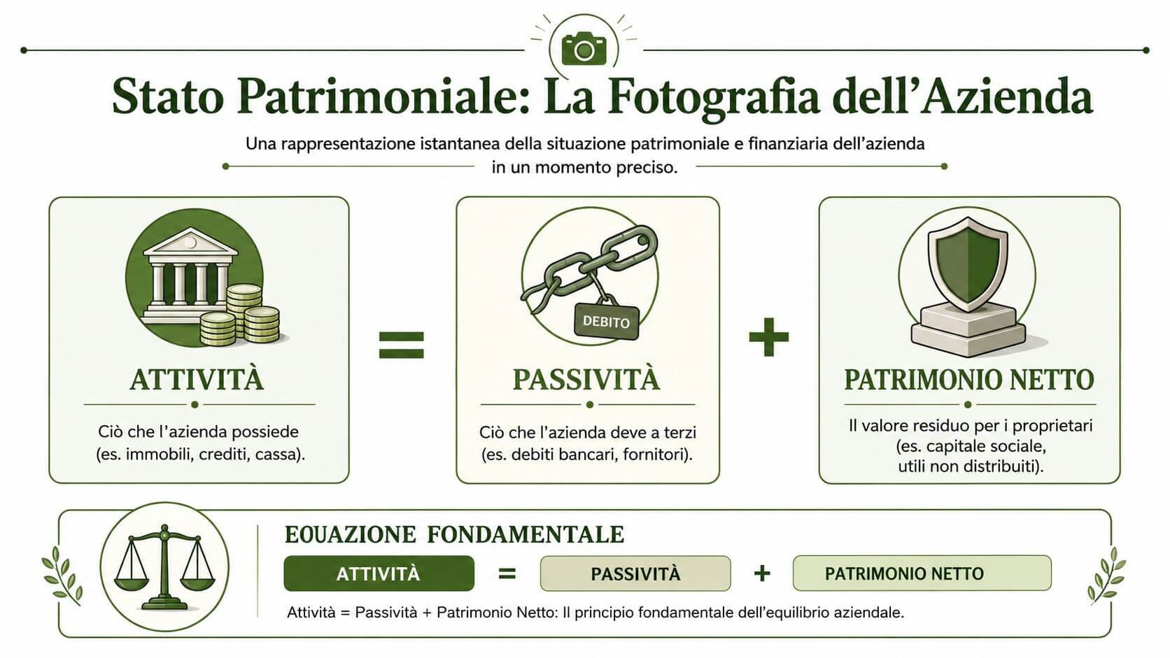 Rappresentazione grafica dei componenti dello stato patrimoniale: attività, passività e patrimonio netto in un'azienda.