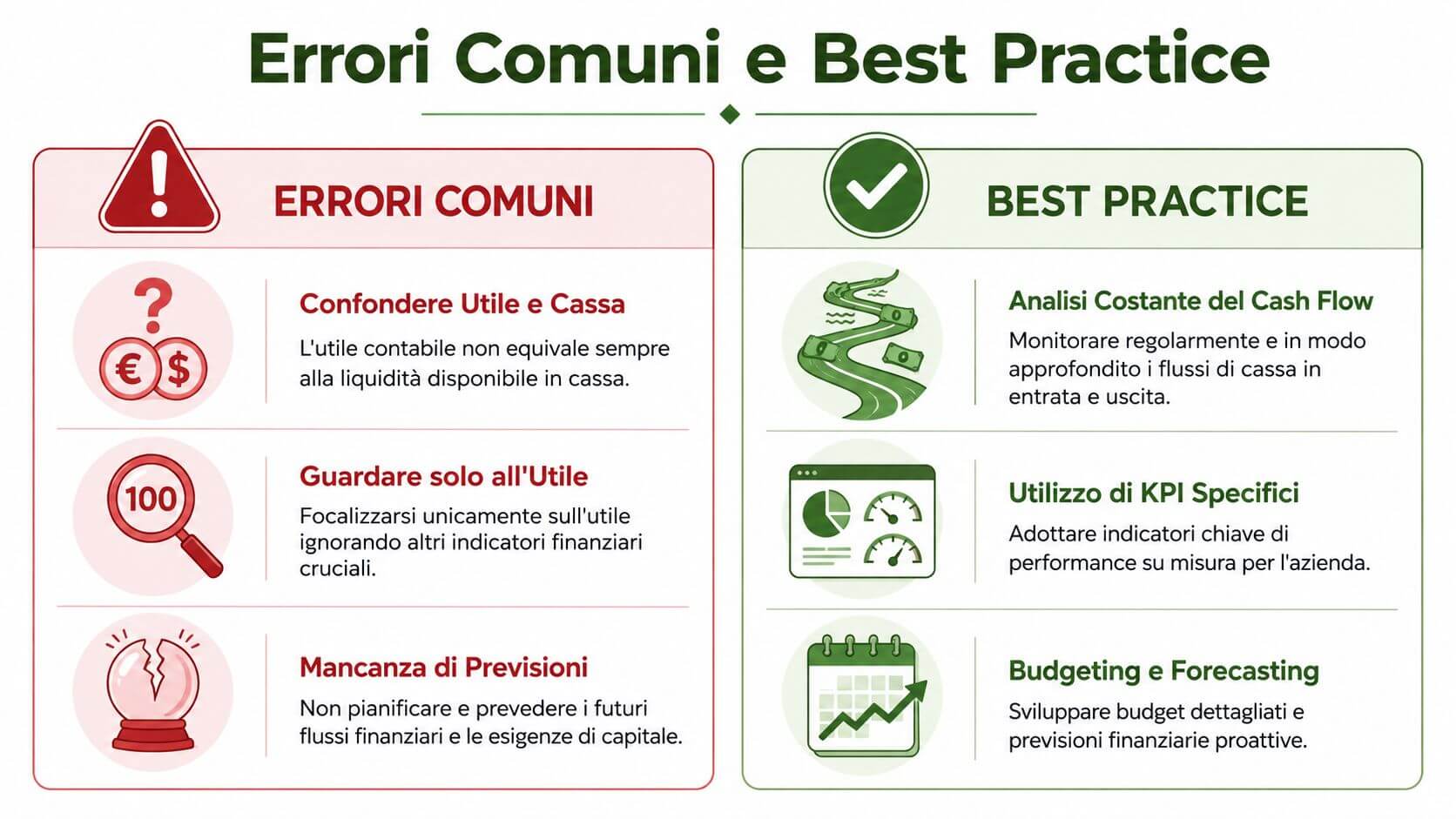 Infografica che illustra gli errori finanziari comuni e le migliori pratiche per una gestione aziendale efficace.