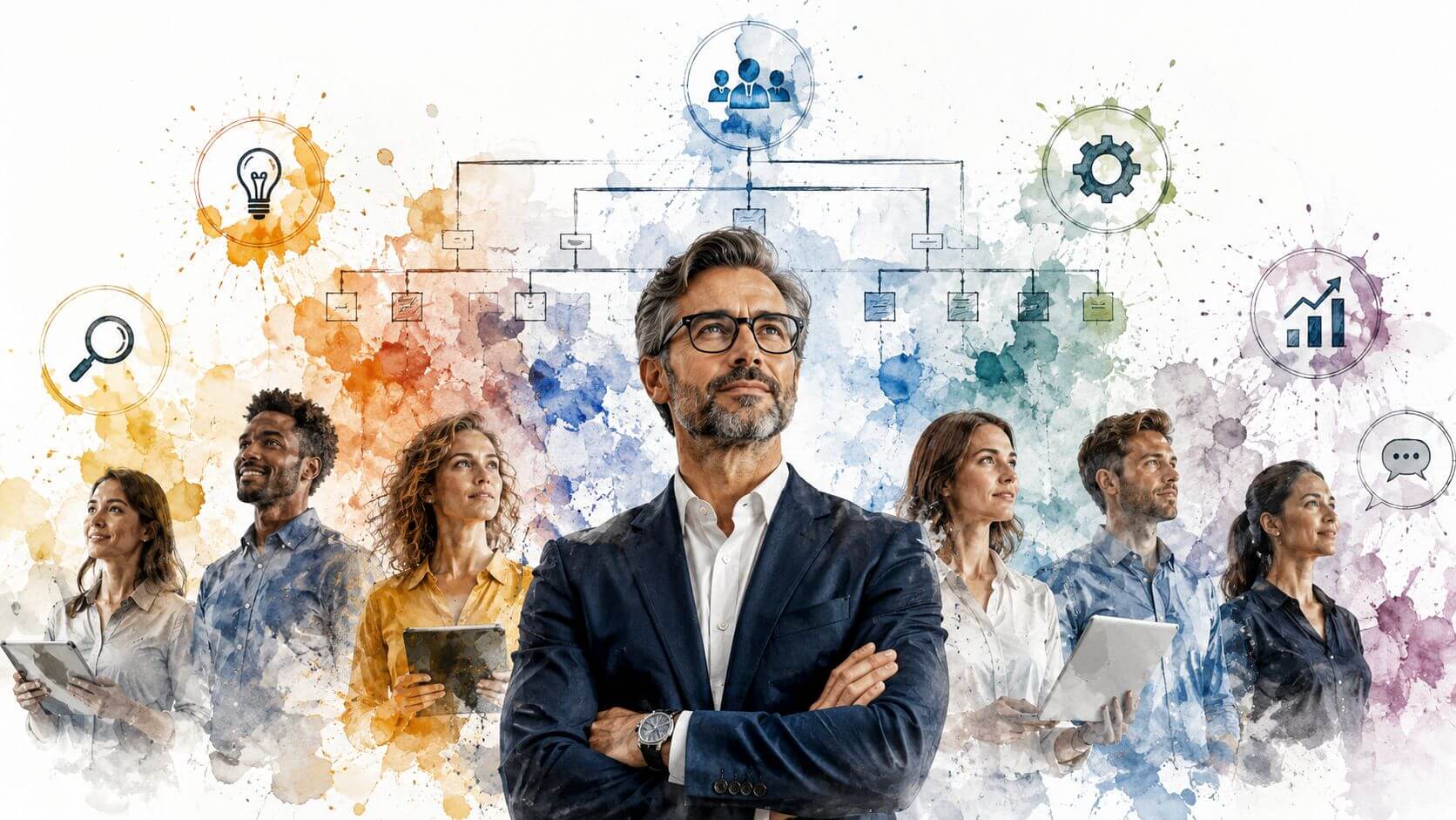 Un dirigente d'azienda con il suo team davanti a un organigramma stilizzato e icone di strategia.