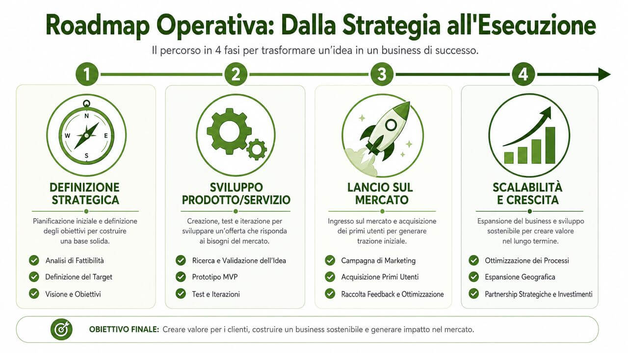 Una roadmap operativa in quattro fasi che illustra il percorso dalla strategia aziendale all'esecuzione del business.