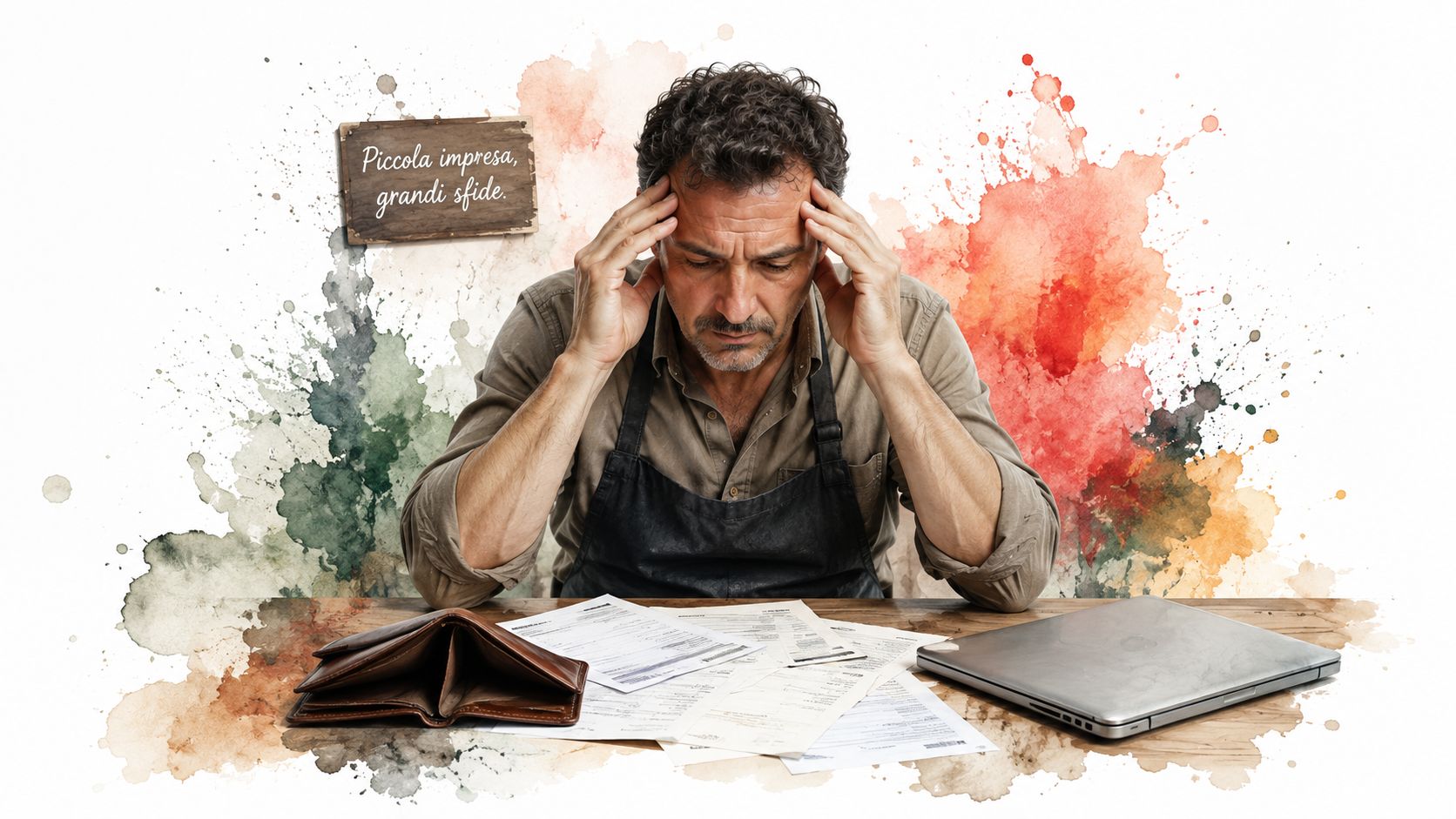 Un artigiano stressato riflette sulle finanze della sua piccola impresa guardando documenti e portafoglio vuoto sul tavolo.