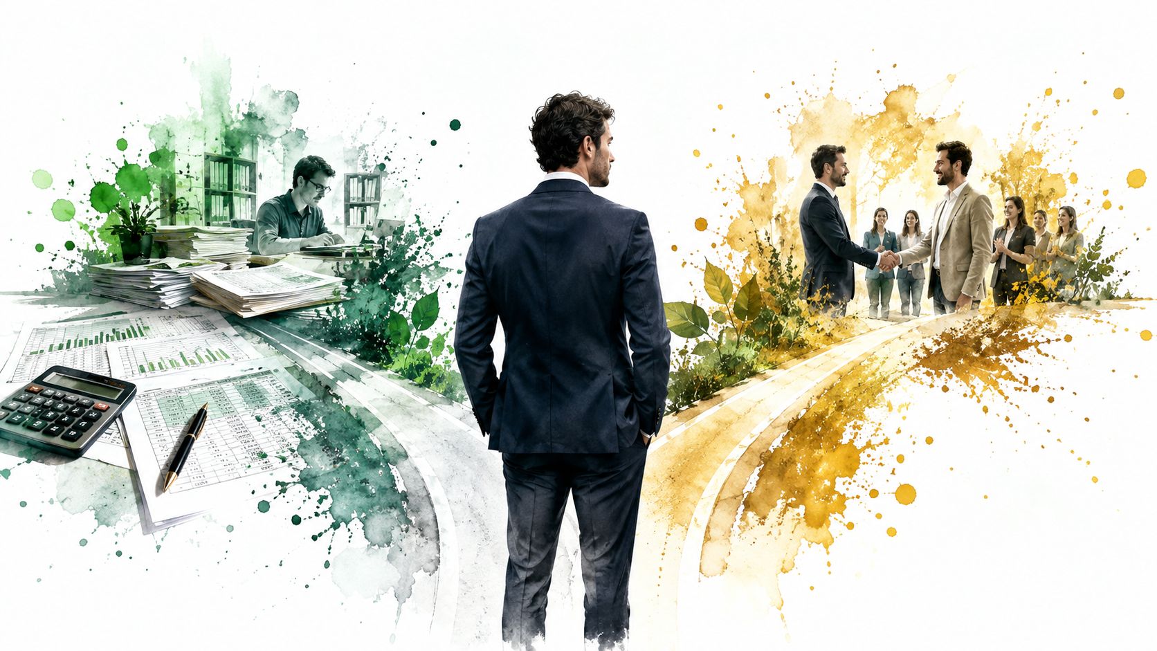 Un professionista in piedi davanti a un bivio concettuale tra analisi contabile aziendale e partnership professionale di successo.