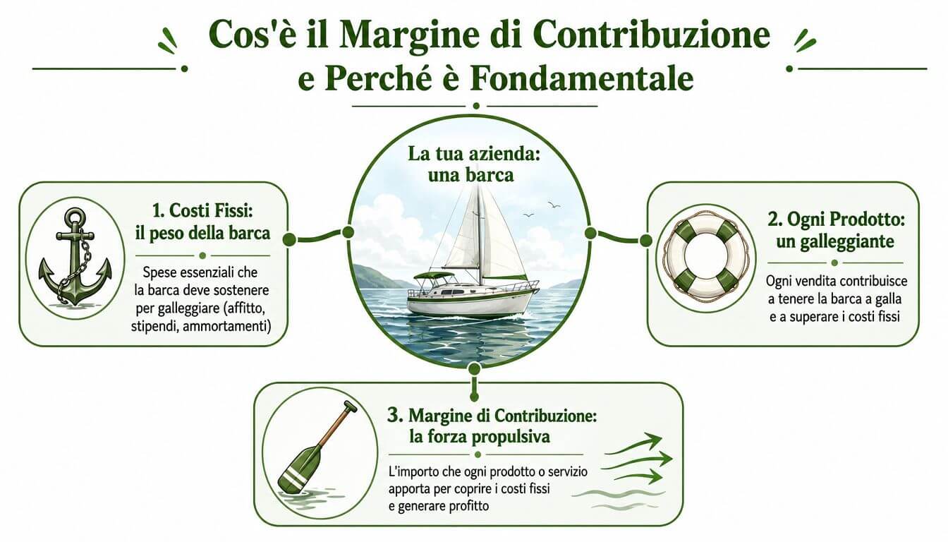 Infografica che spiega il concetto di margine di contribuzione utilizzando la metafora di una barca.