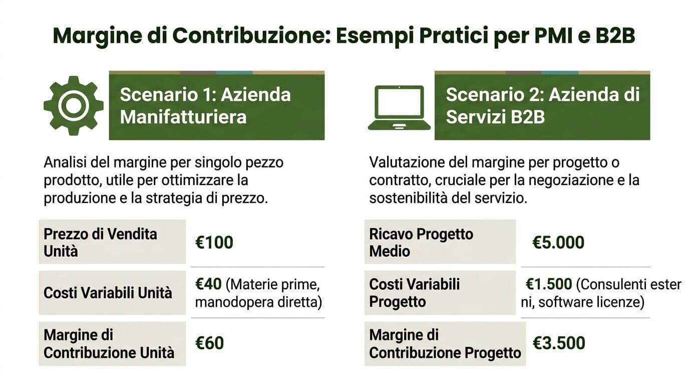Schema esplicativo del margine di contribuzione con esempi pratici per aziende manifatturiere e servizi B2B.
