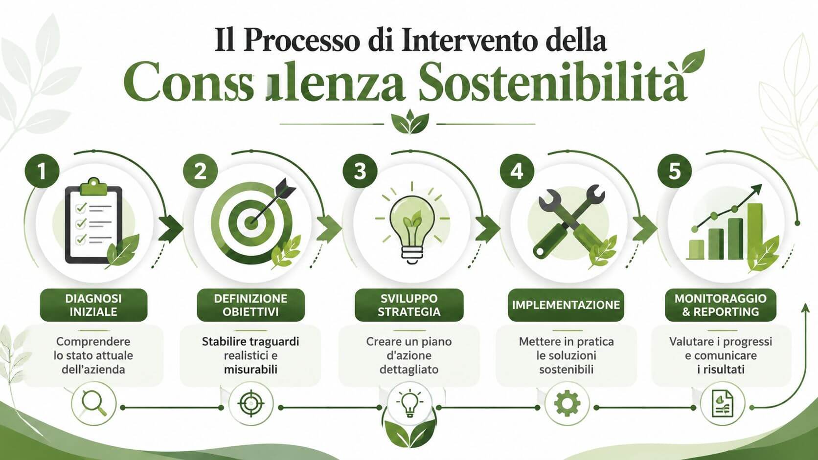 Infografica del processo di consulenza per la sostenibilità aziendale diviso in cinque fasi sequenziali e chiare.