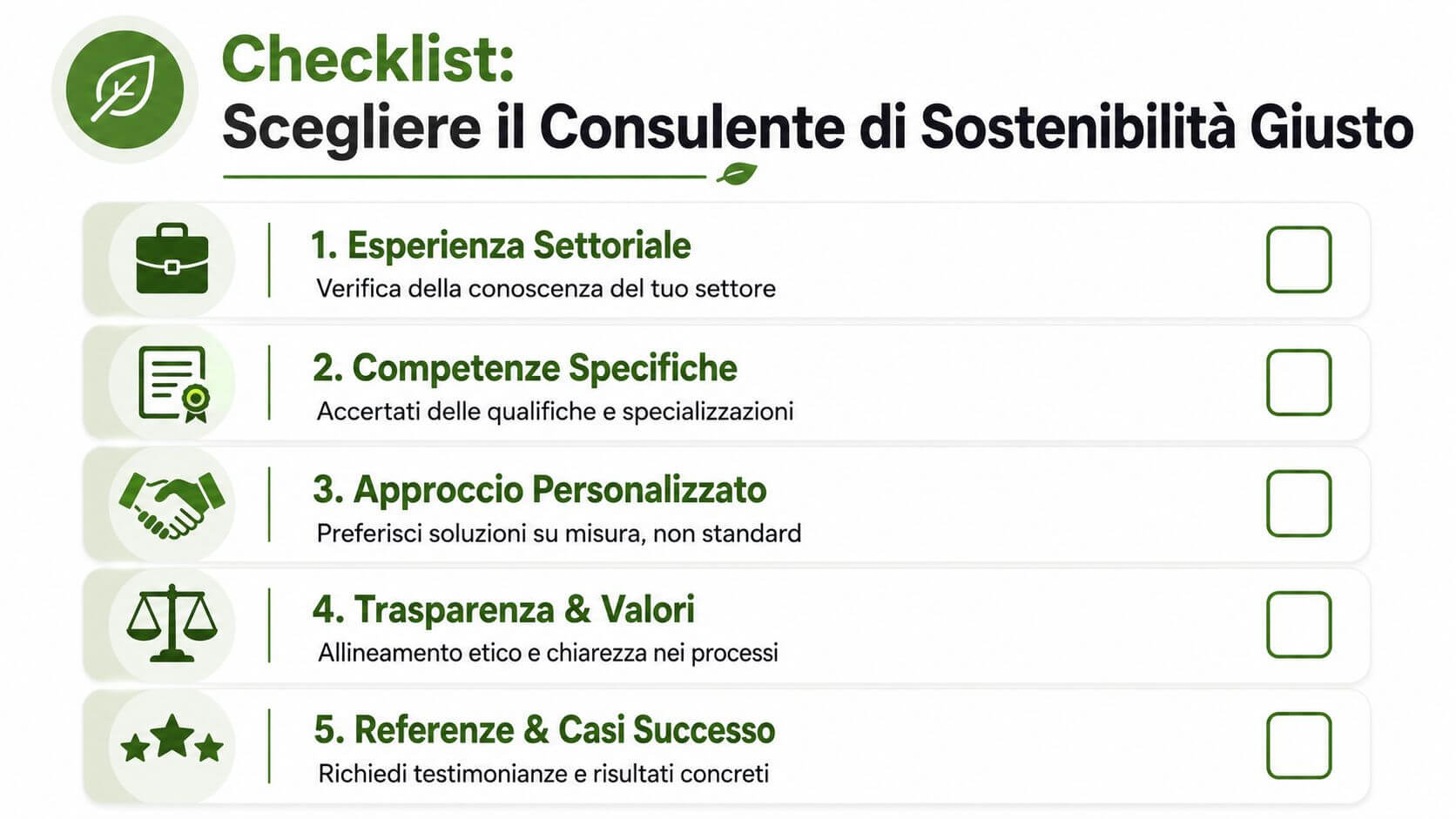 Una checklist con cinque punti fondamentali per scegliere il consulente di sostenibilità aziendale più adatto.