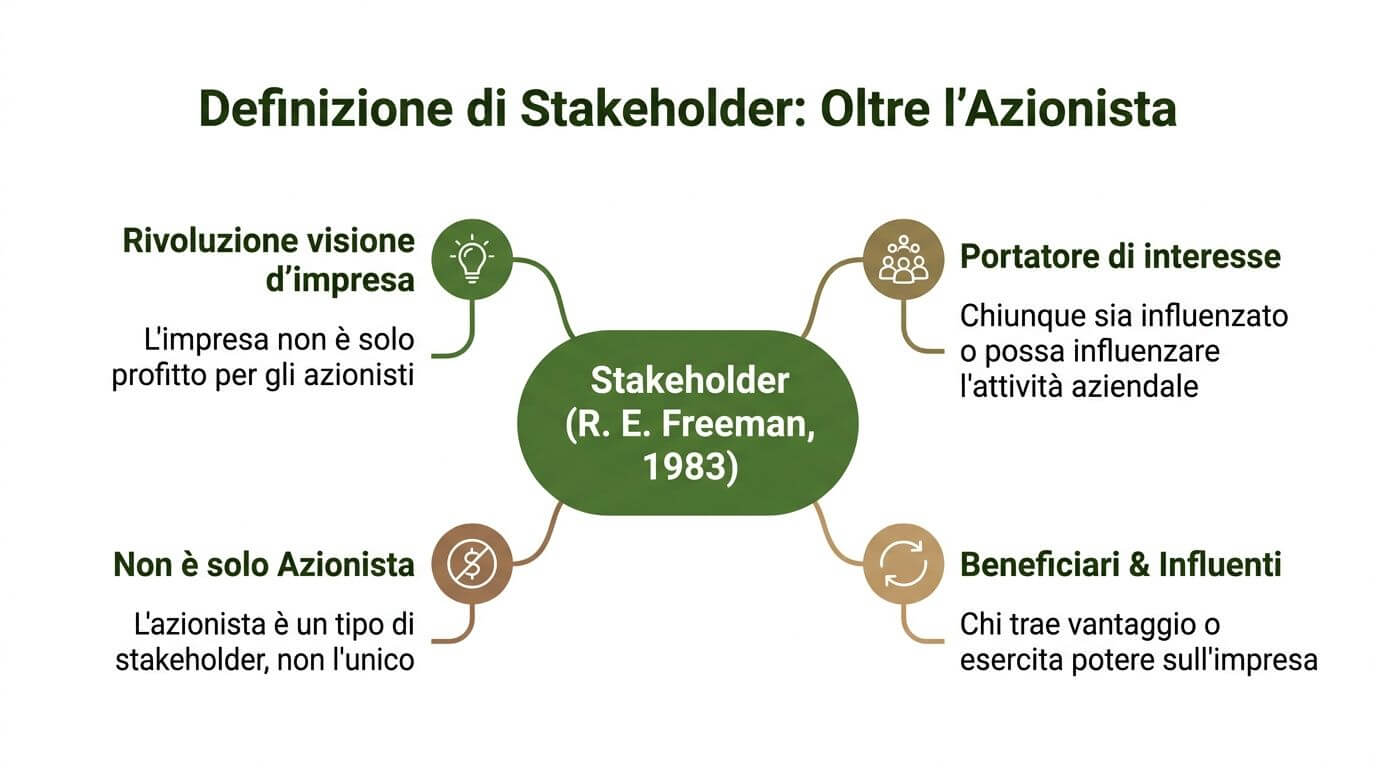 Schema concettuale che spiega la definizione di stakeholder secondo R. E. Freeman oltre l'ottica del semplice azionista.