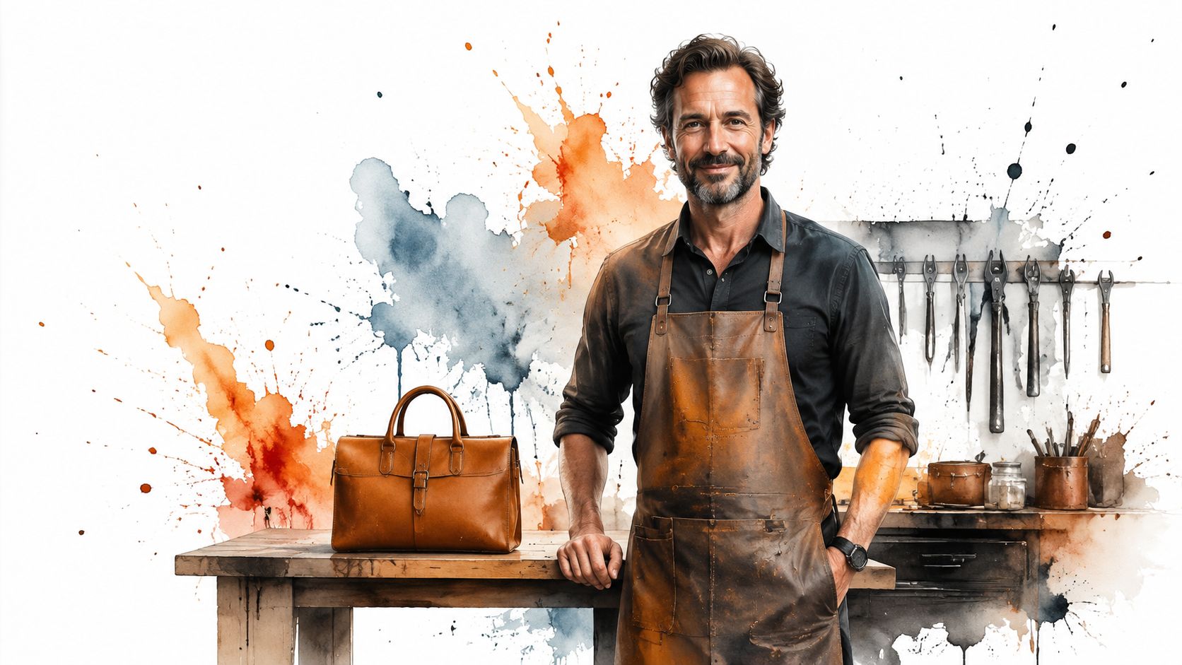 Un artigiano esperto con grembiule di pelle nel suo laboratorio con una borsa in cuoio sul banco.