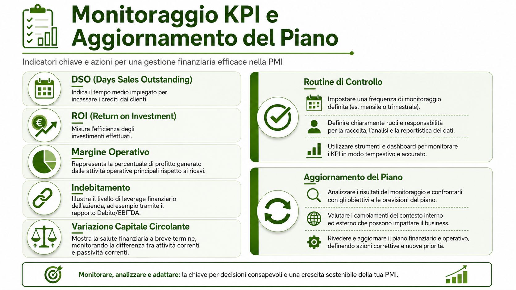 Infografica sul monitoraggio dei KPI finanziari e sull'aggiornamento del piano economico per piccole e medie imprese.