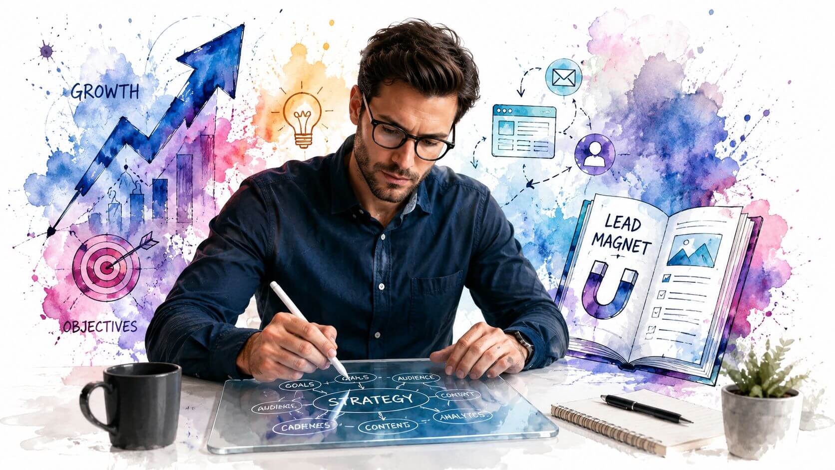 Un professionista che pianifica una strategia di marketing digitale lavorando su un tablet grafico interattivo