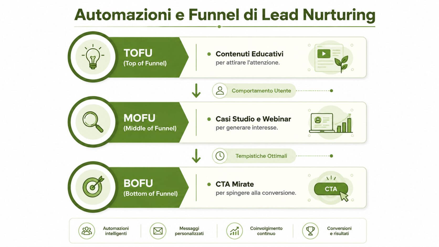 Schema grafico del funnel di lead nurturing che mostra le fasi TOFU, MOFU e BOFU con automazioni.