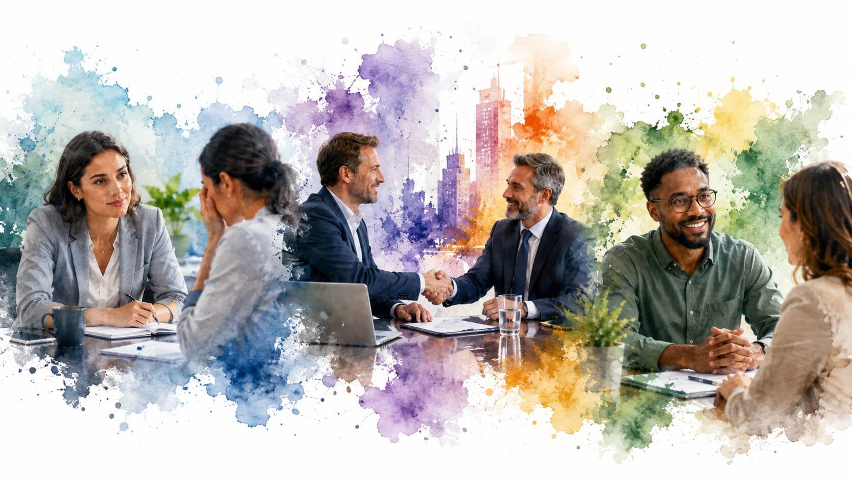 Professionisti che collaborano e si stringono la mano in un contesto di lavoro creativo e dinamico.