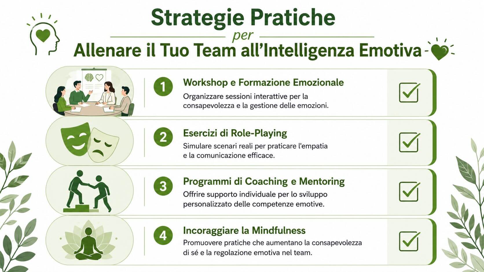 Infografica con quattro strategie pratiche per migliorare l'intelligenza emotiva e la collaborazione all'interno del proprio team lavorativo.