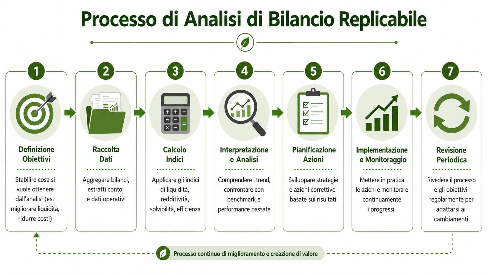 Un diagramma a sette fasi che illustra il processo replicabile per l'analisi di bilancio aziendale.