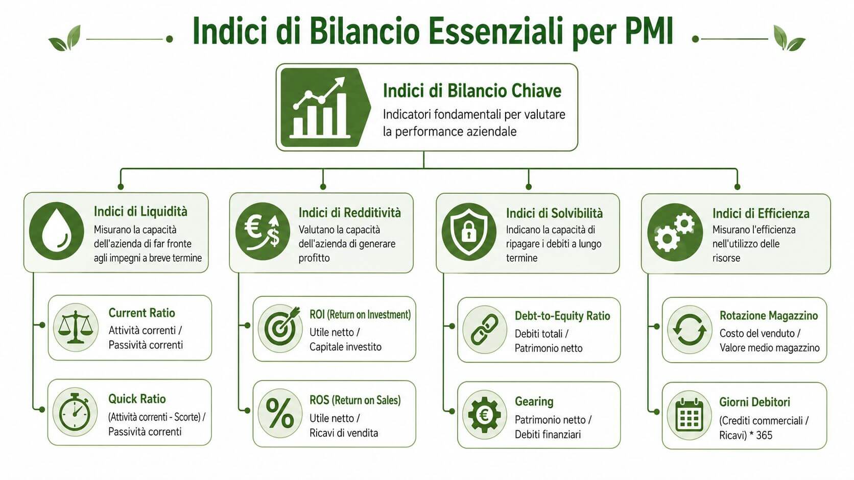 Diagramma che illustra le diverse tipologie di indici di bilancio fondamentali per analizzare la performance delle piccole imprese.