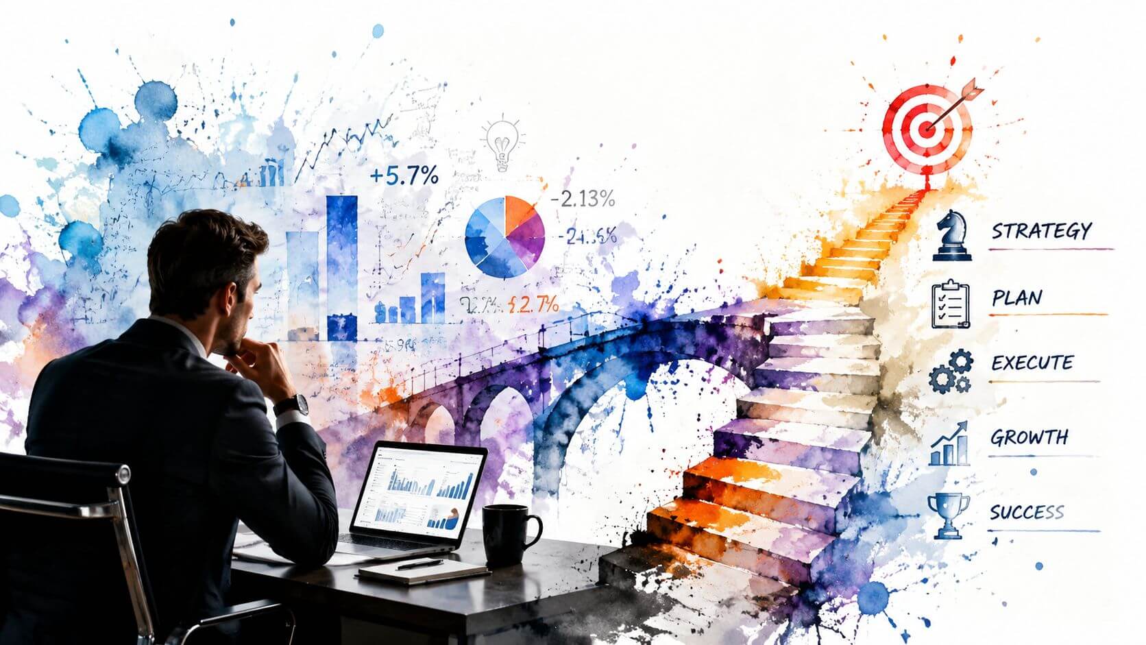 Un uomo d'affari al computer osserva un grafico colorato che rappresenta il percorso verso il successo aziendale.